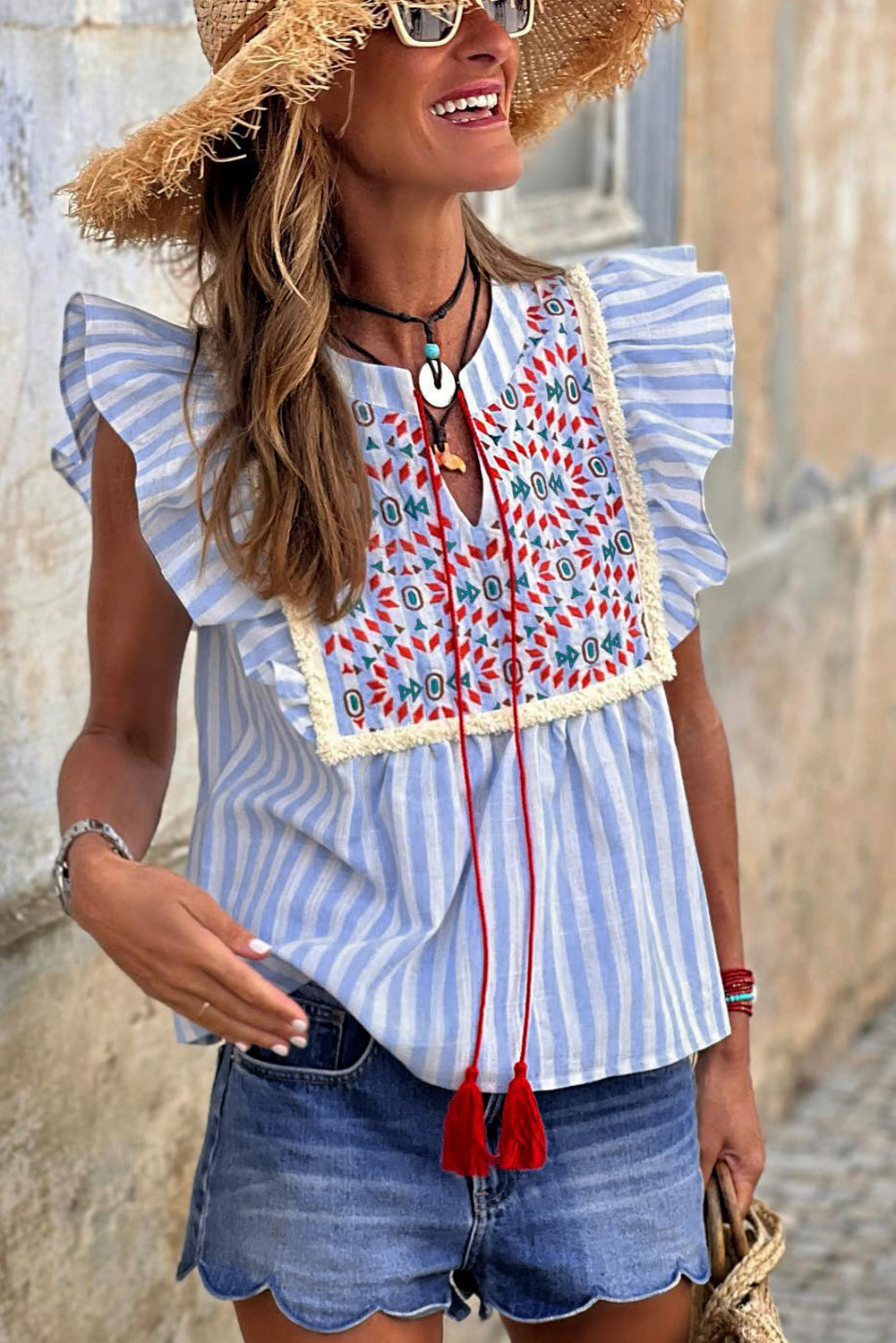 Sky Blue Stripe Geo Pattern Embroidered Tassel Flutter Blouse - LA Grand