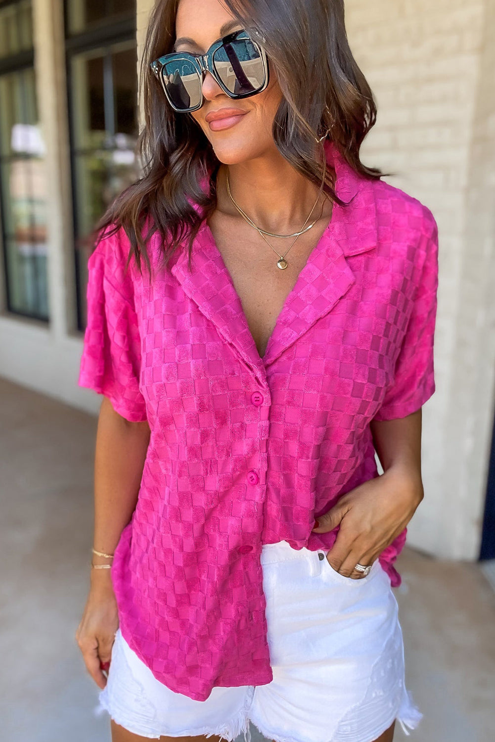 Bright Pink Lapel Neck Checkered Textured Short Sleeve Shirt - LA Grand