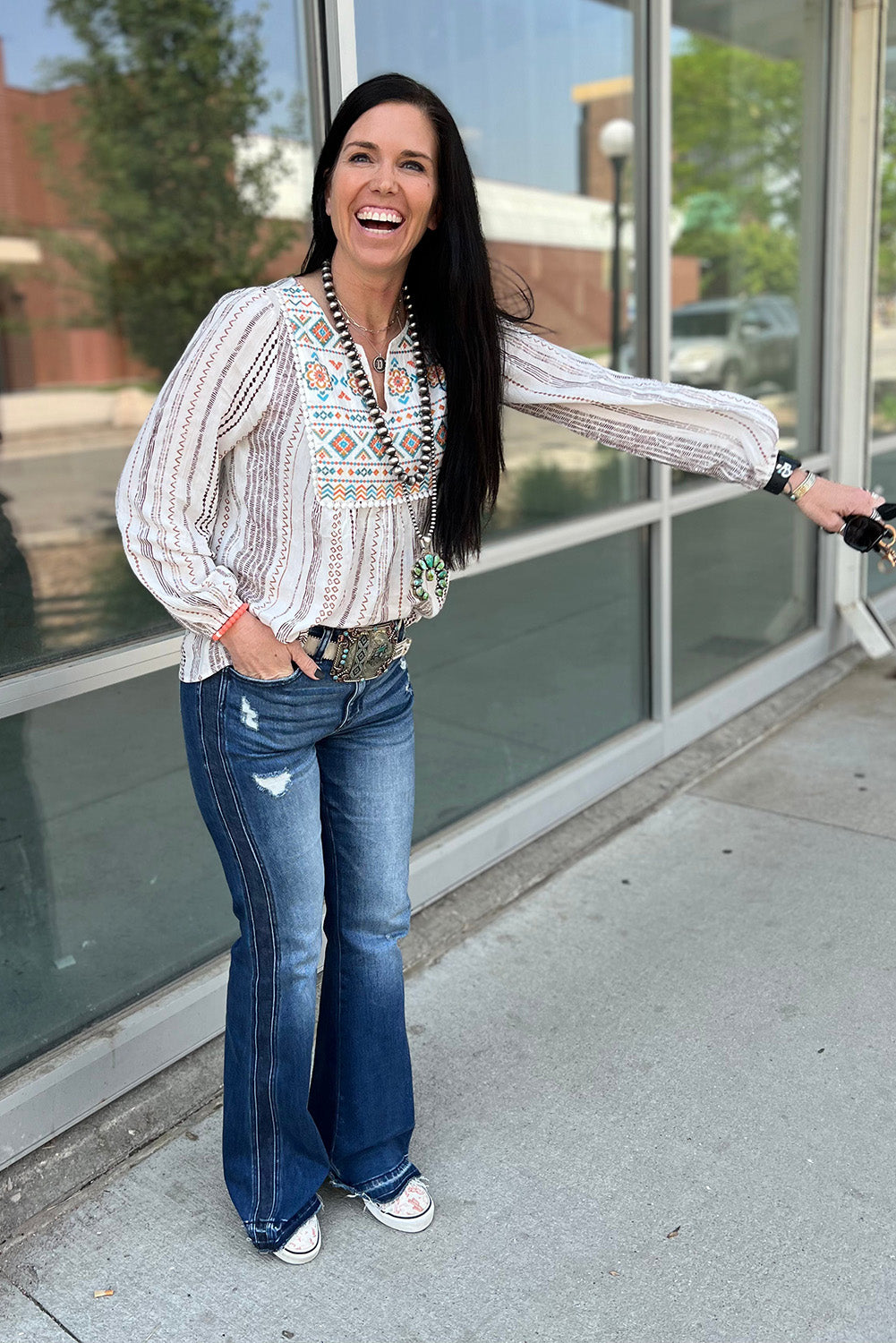 White Stripe Notched Neckline Striped Aztec Embroidered Blouse - LA Grand