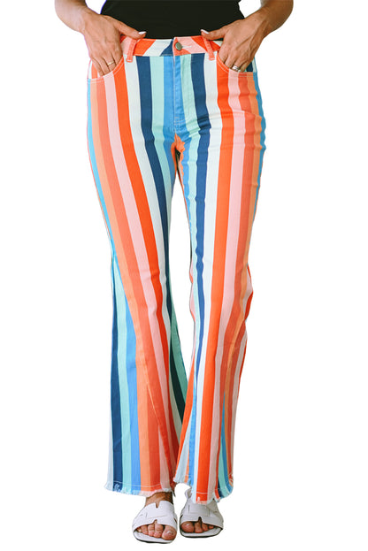 2024 Multicolor Striped Raw Hem Flared Bottom Denim Pants - LA Grand