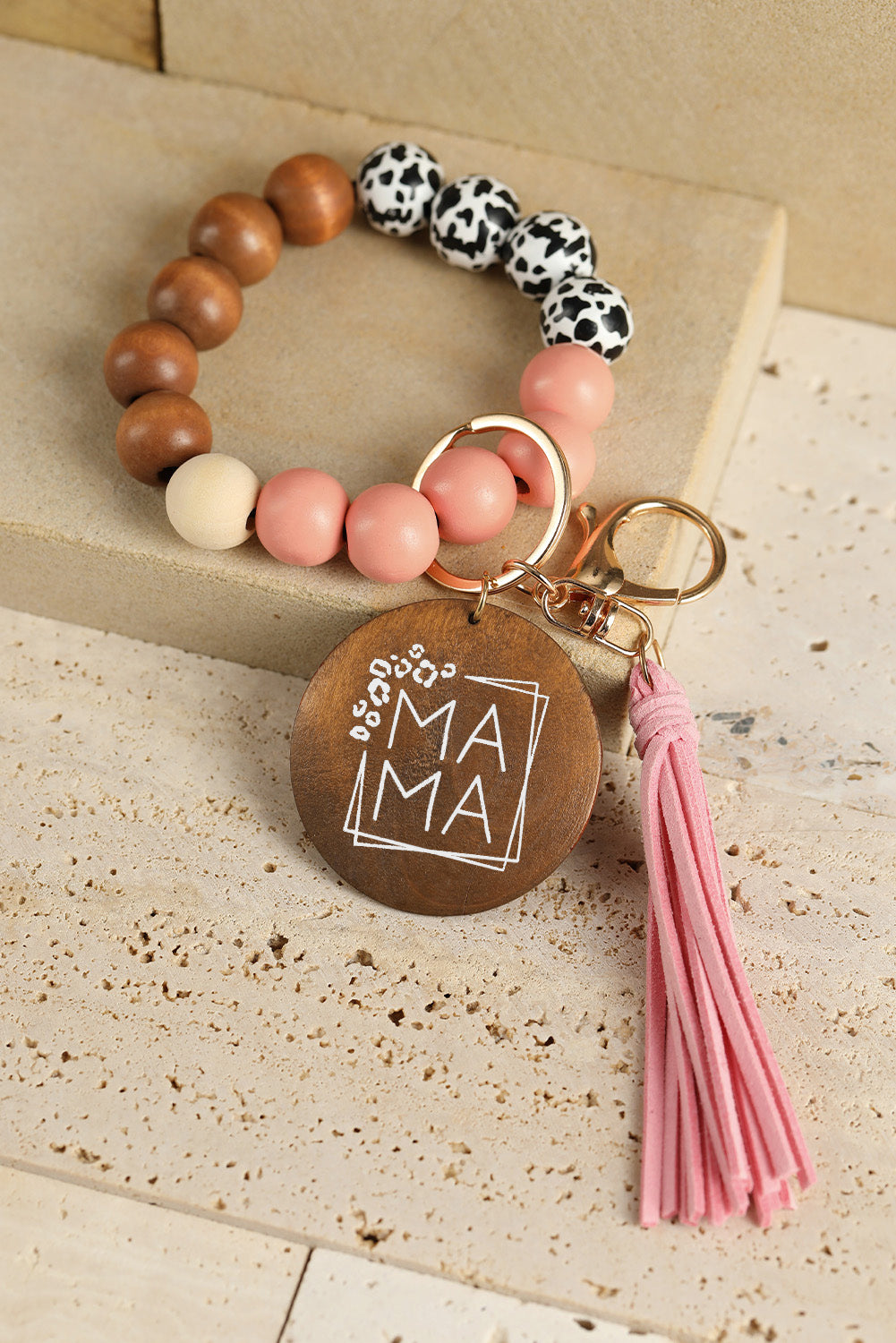 Pink MAMA Wood Pendant Leopard Fringe Keychain - LA Grand