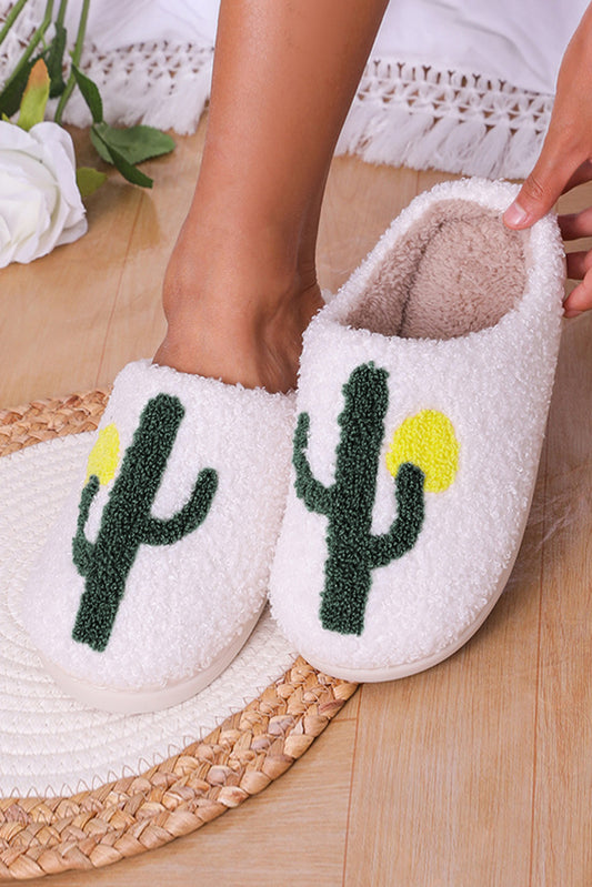 White Fuzzy Cactus Pattern Winter Home Slippers - LA Grand