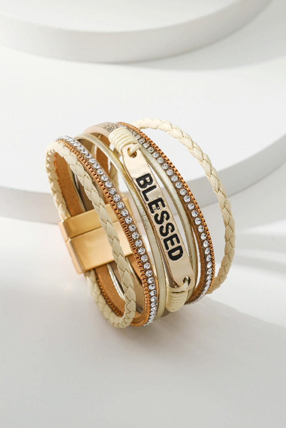 Beige BLESSED Rhinestone Braided Detail Buckle Bracelet - LA Grand