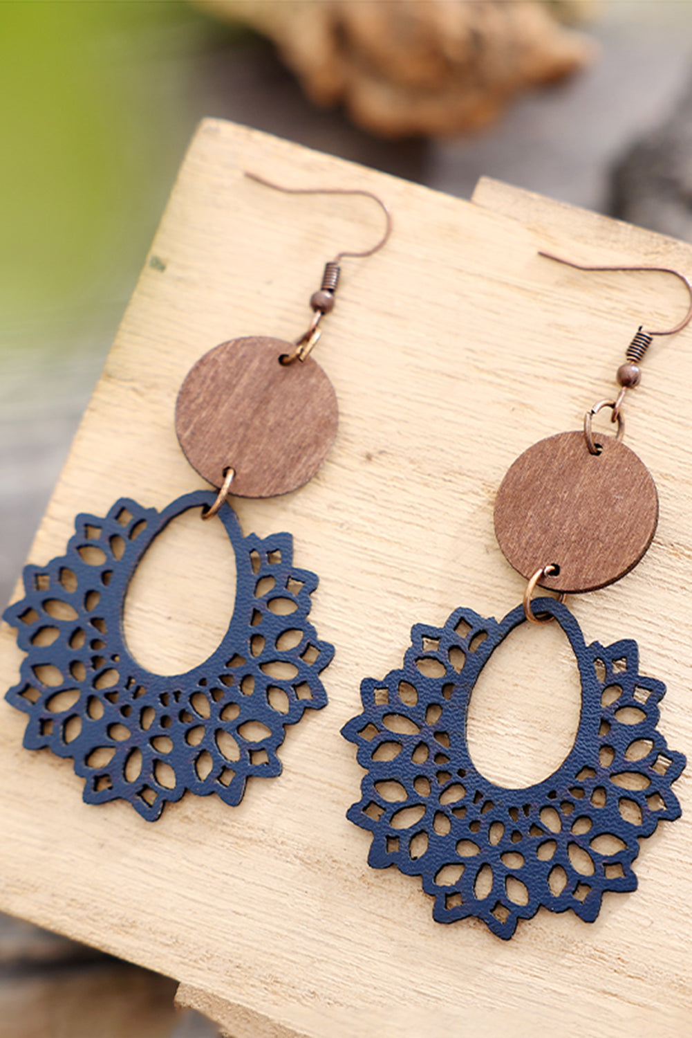 White Hollowed Flower Round Wood Pendant Earrings - LA Grand