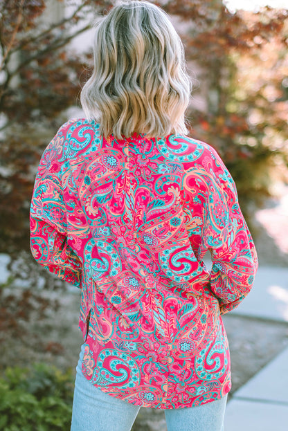 Rose Red Paisley Print Tab Sleeve V-Neck Blouse - LA Grand