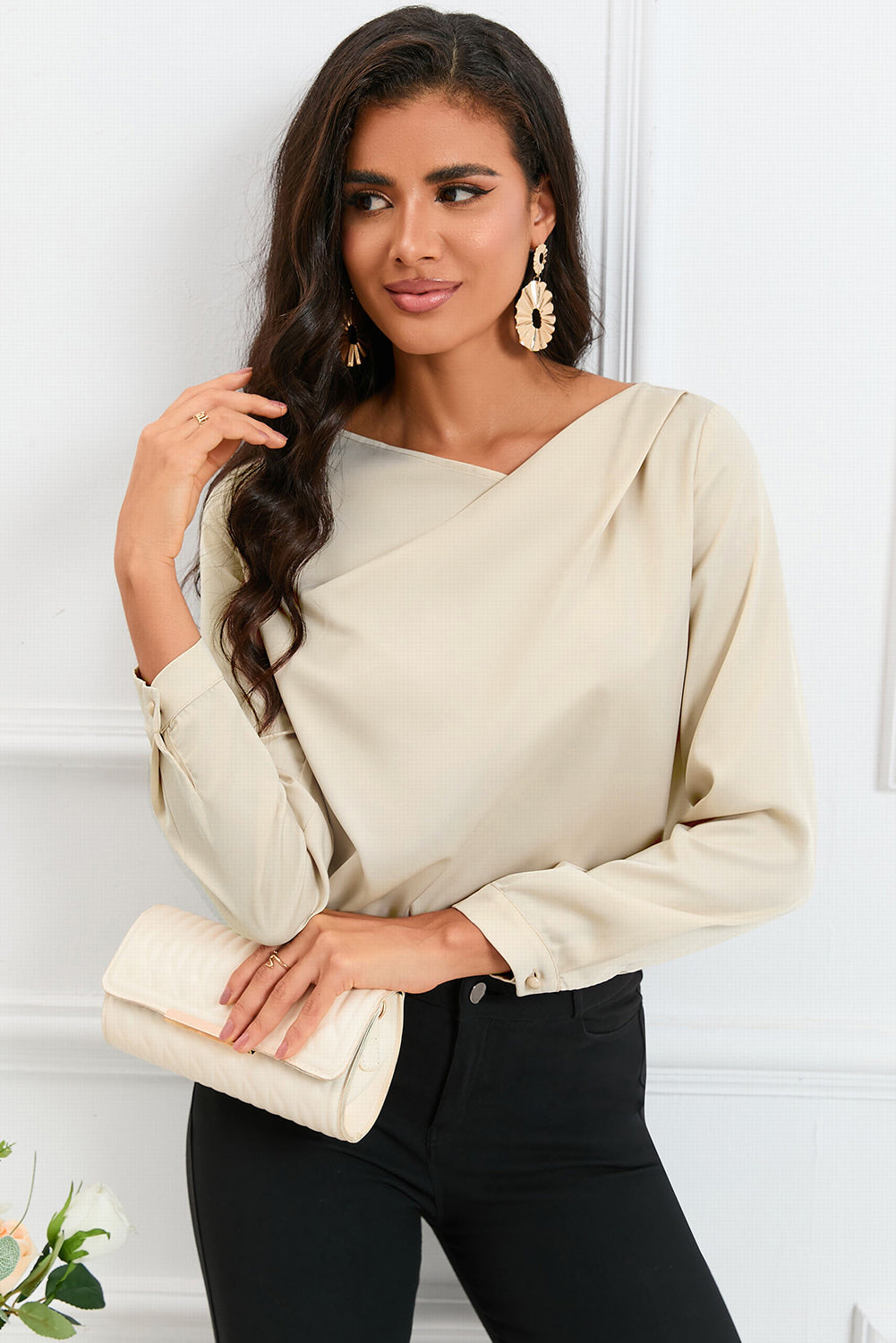 Apricot Solid Asymmetric V Neck Long Sleeve Satin Blouse - LA Grand