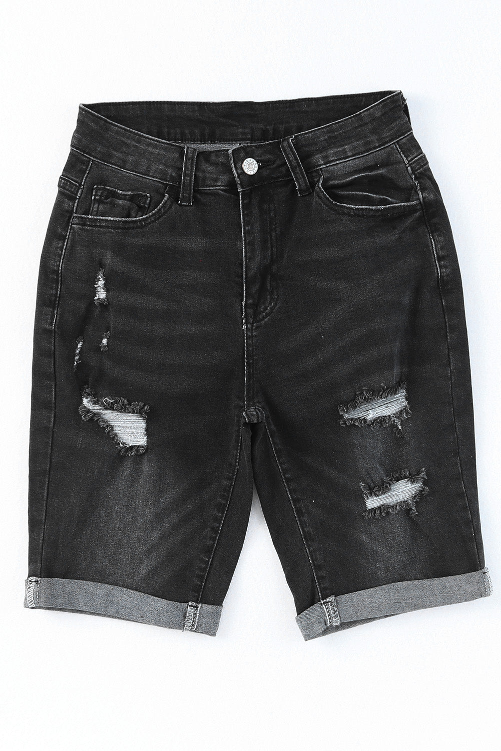 Blue Roll-up Distressed Bermuda Denim Shorts - LA Grand