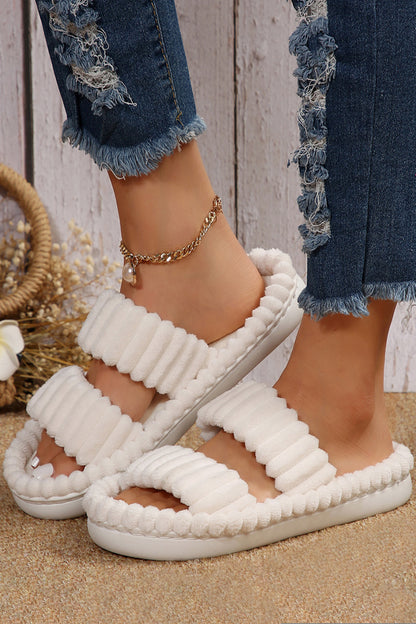 White Soft Ribbed Double Straps Flat Slippers - LA Grand