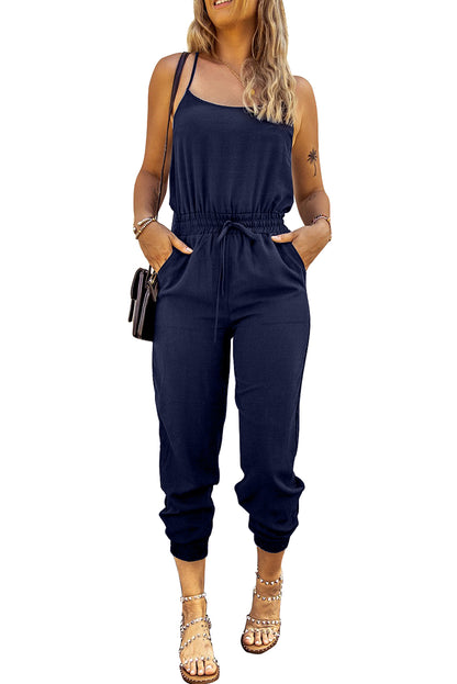 Blue Drawstring Waist Spaghetti Straps Jumpsuit - LA Grand