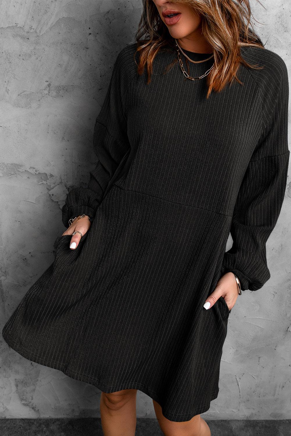 Round Neck Empire Waist Ribbed Knit Dress - LA Grand