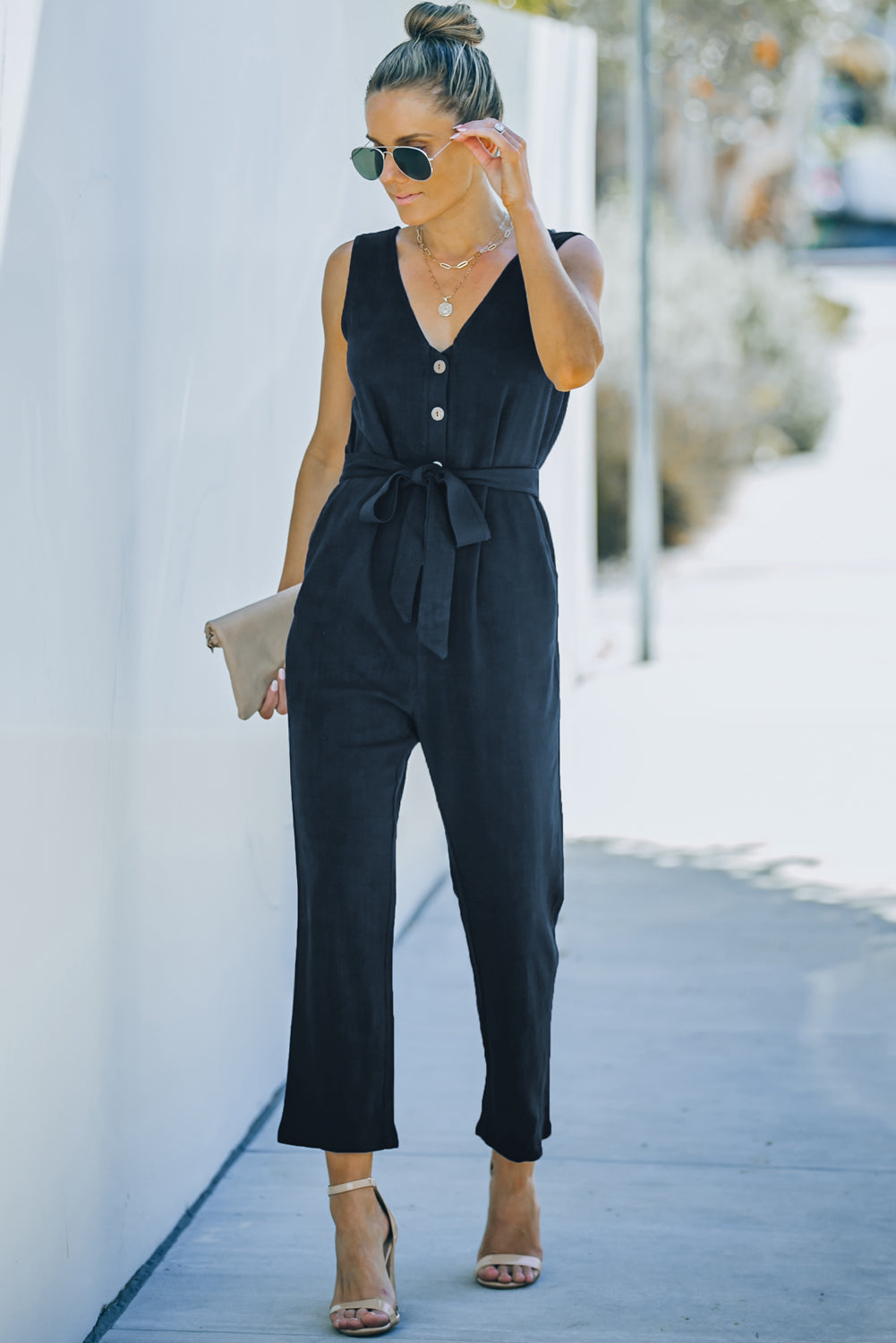 Black V Neck Button Belted Jumpsuit with Pockets - LA Grand