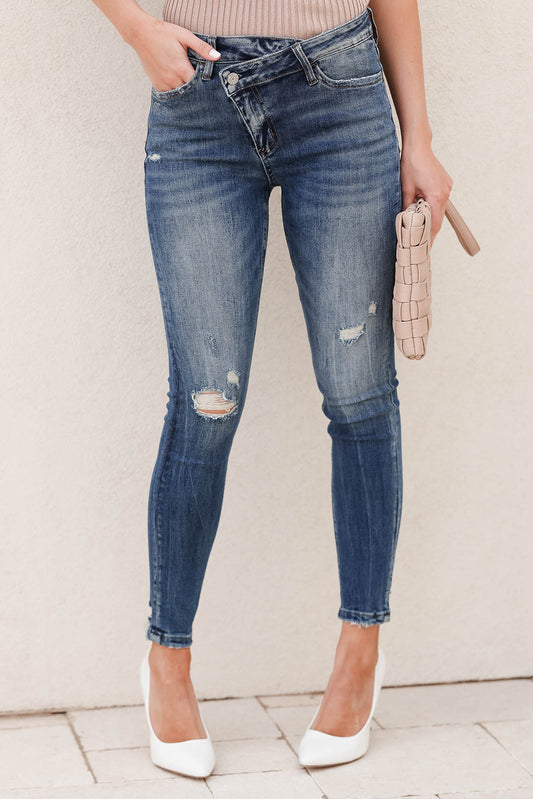 Sky Blue Asymmetric Button Zip Fly Distressed Skinny Jeans - LA Grand