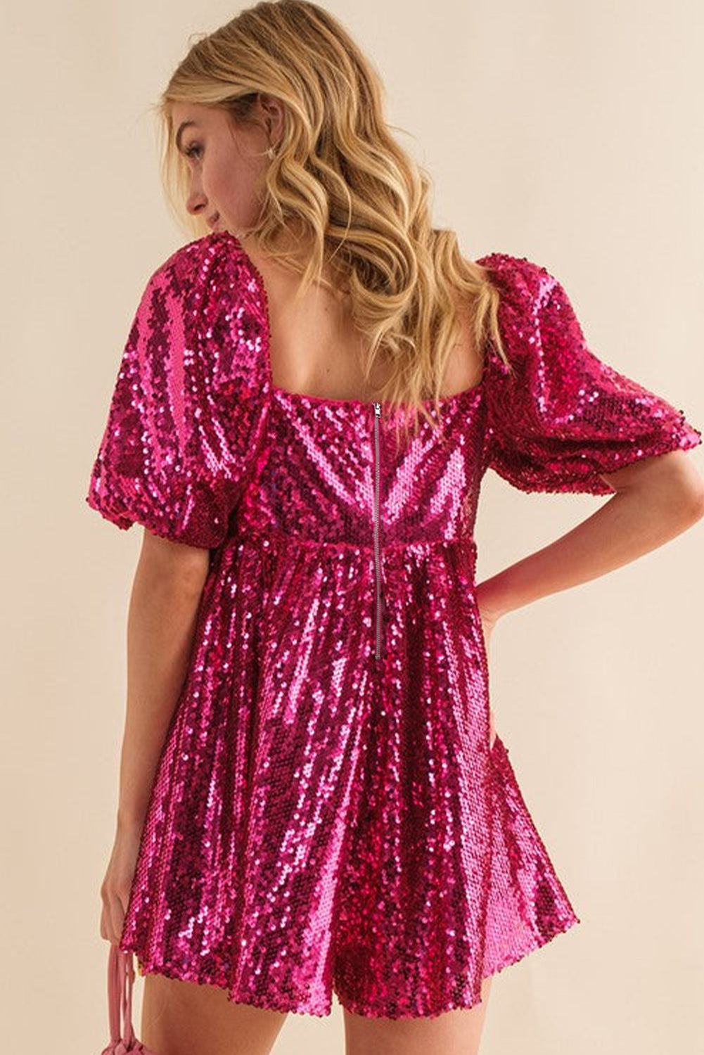 Rose Red Short Puff Sleeve Sequin Babydoll Romper - LA Grand