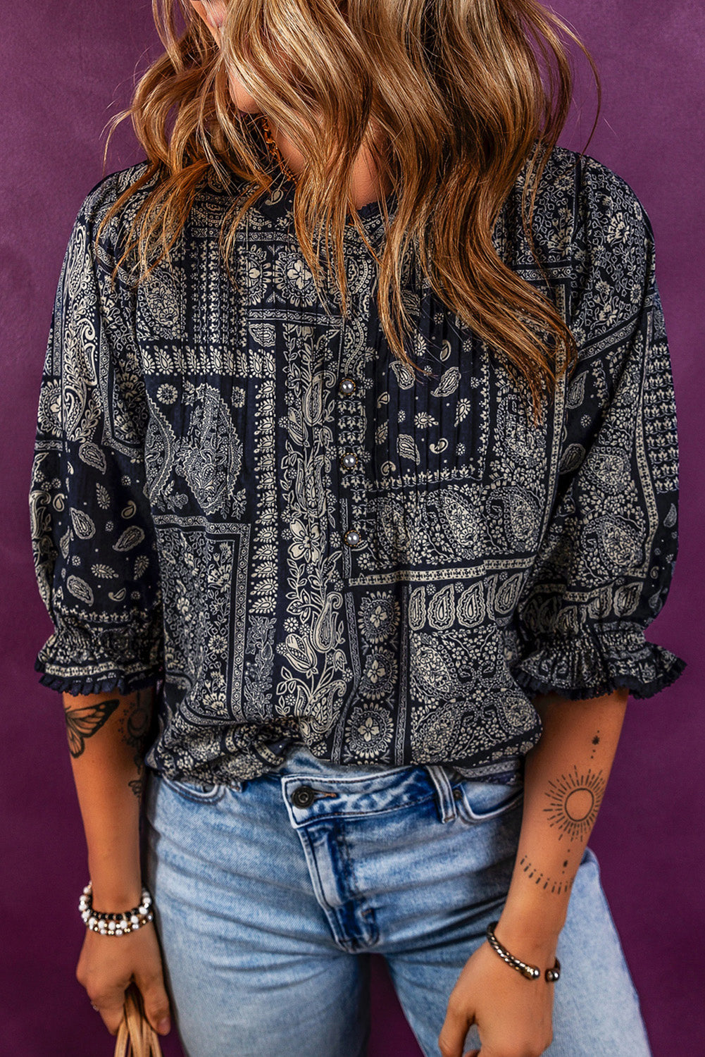 Navy Blue Vintage Boho Paisley Print 3/4 Sleeve Blouse - LA Grand