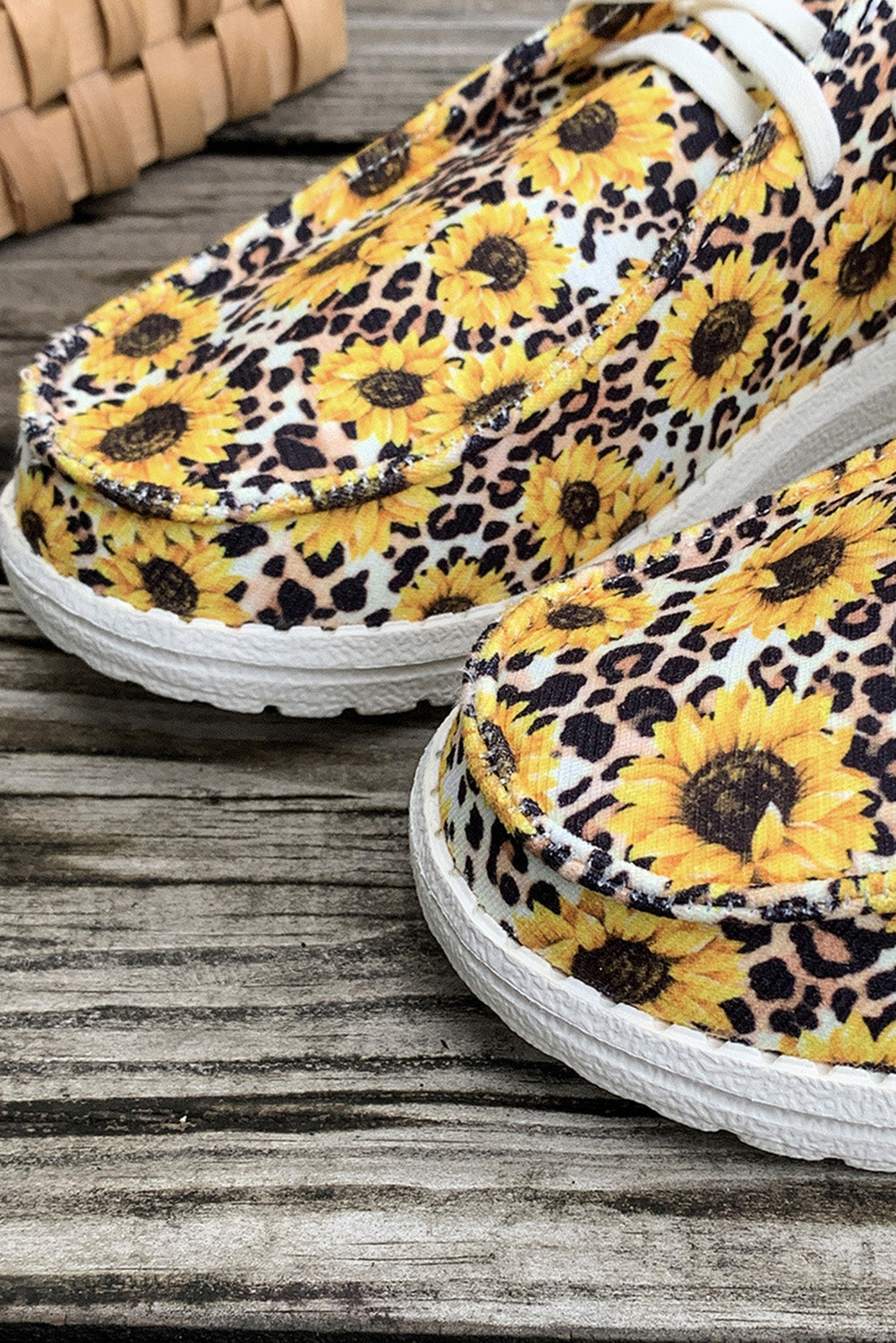 Yellow Sunflower Leopard Print Lace-up Decor Canvas Shoes - LA Grand