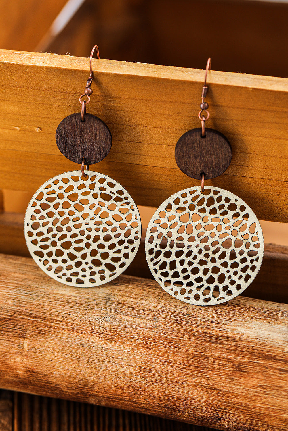 Beige Hollow Out Wooden Round Drop Earrings - LA Grand