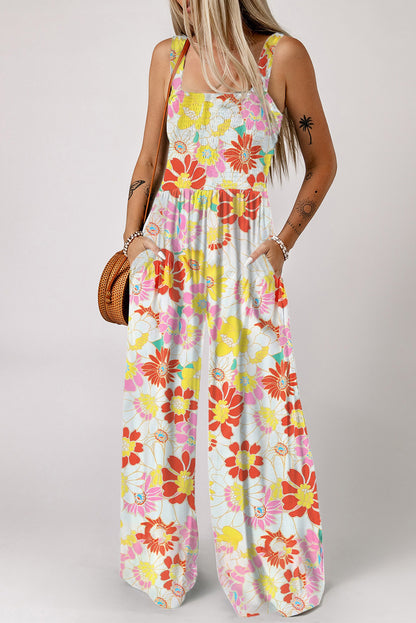 Multicolor Floral Print Shirred Sleeveless Wide Leg Jumpsuit - LA Grand