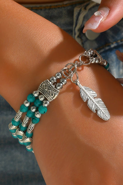 Green Boho Turquoise Beaded Geometric Carved Feather Bracelet - LA Grand