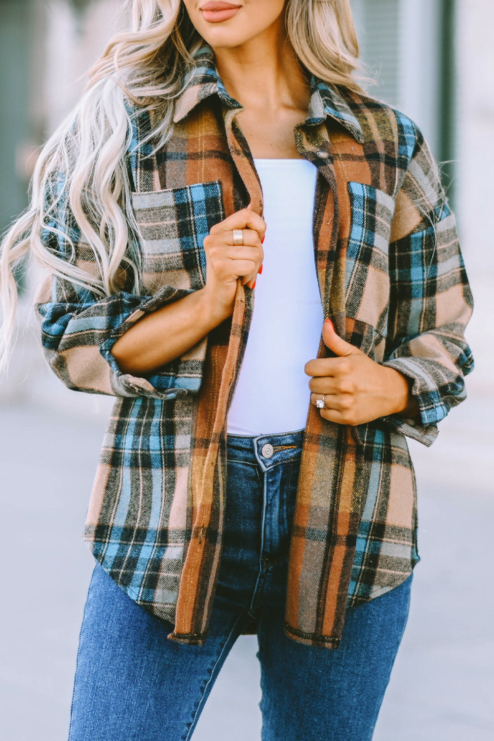 Brown Plaid Color Block Buttoned Shirt with Pockets - LA Grand