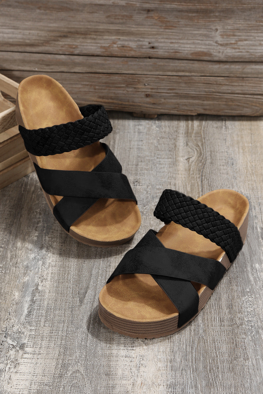 Black Braided Detail Criss Cross Platform Slippers - LA Grand