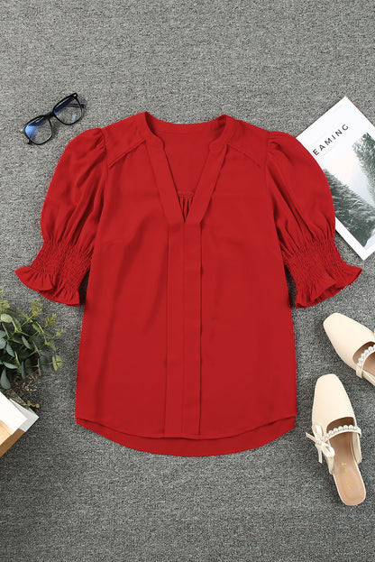 Fiery Red Solid Color Half Sleeve V Neck Blouse - LA Grand