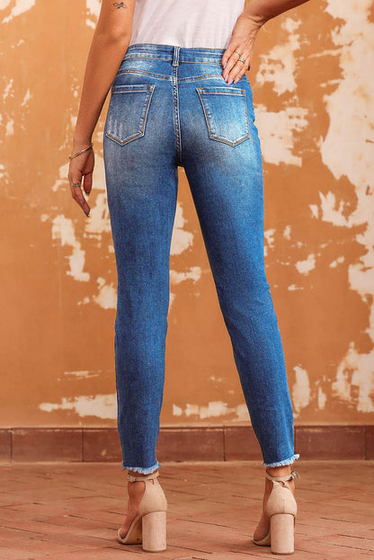 Blue Raw Hem Ankle-length Skinny Jeans - LA Grand