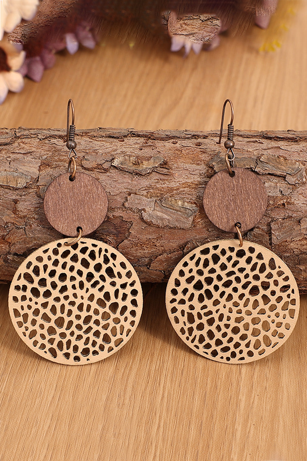 Beige Hollow Out Wooden Round Drop Earrings - LA Grand