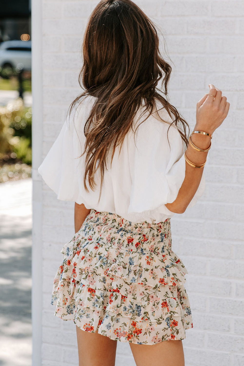 Beige Smocked High Waist Ruffle Tiered Floral Skirt - LA Grand