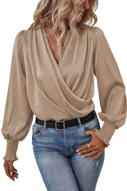 Khaki Solid Surplice Neck Shirred Cuffs Draped Blouse - LA Grand