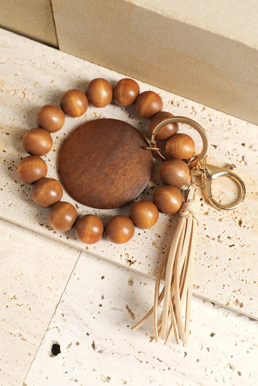 Brown Wood Beads Bracelet Tassel Keyring - LA Grand