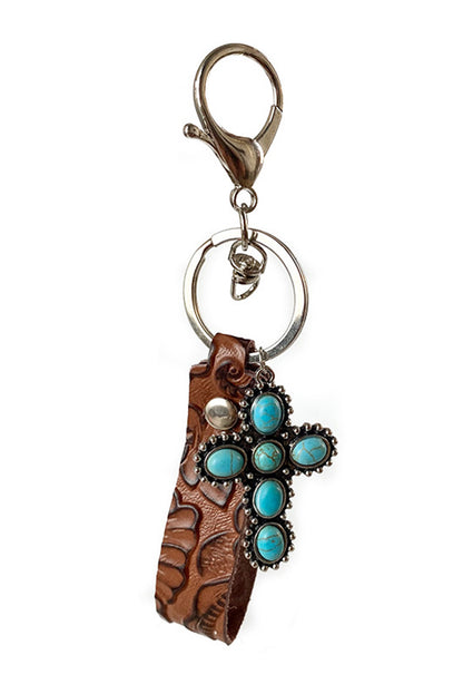 Brown Vintage Embossed Turquoise Leather Key Chain - LA Grand