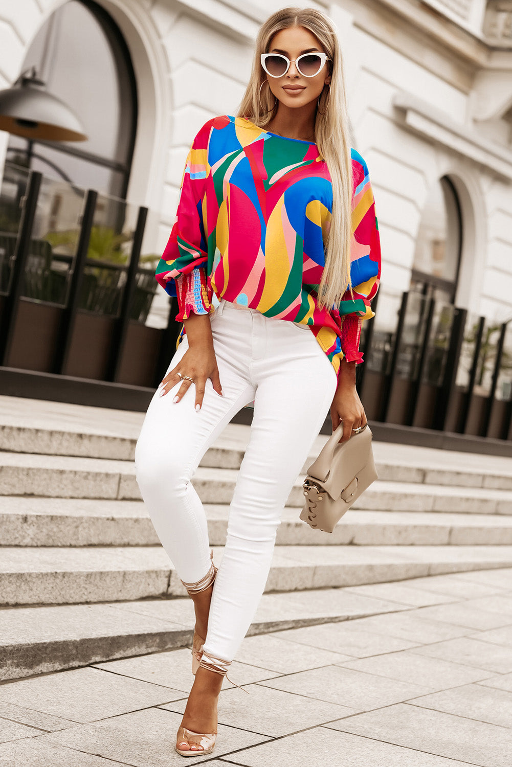 Multicolor Abstract Print Smocked Puff Sleeve Blouse - LA Grand