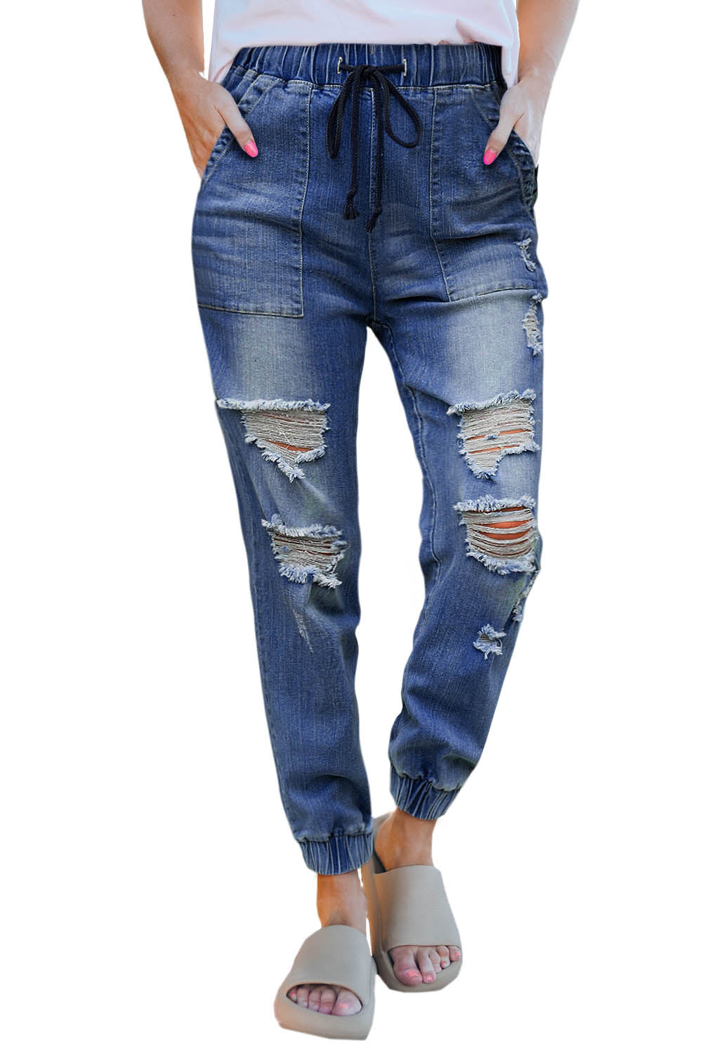 Blue Pocketed Distressed Denim Joggers - LA Grand