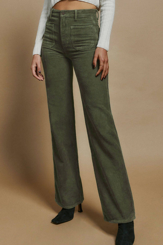 Green High Waist Square Pockets Corduroy Pants - LA Grand