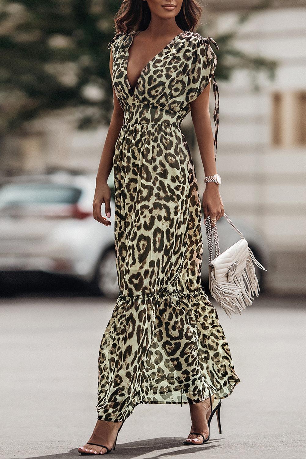 Elite Appeal: Leopard Print Drawstring V-Neck High Waist Long Dress - LA Grand