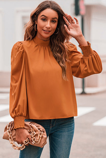 Orange Long Bubble Sleeve Mock Neck Chiffon Blouse - LA Grand