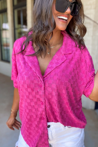 Bright Pink Lapel Neck Checkered Textured Short Sleeve Shirt - LA Grand