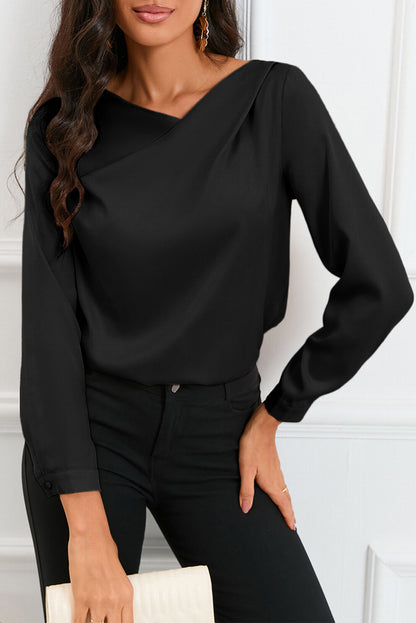 Apricot Solid Asymmetric V Neck Long Sleeve Satin Blouse - LA Grand