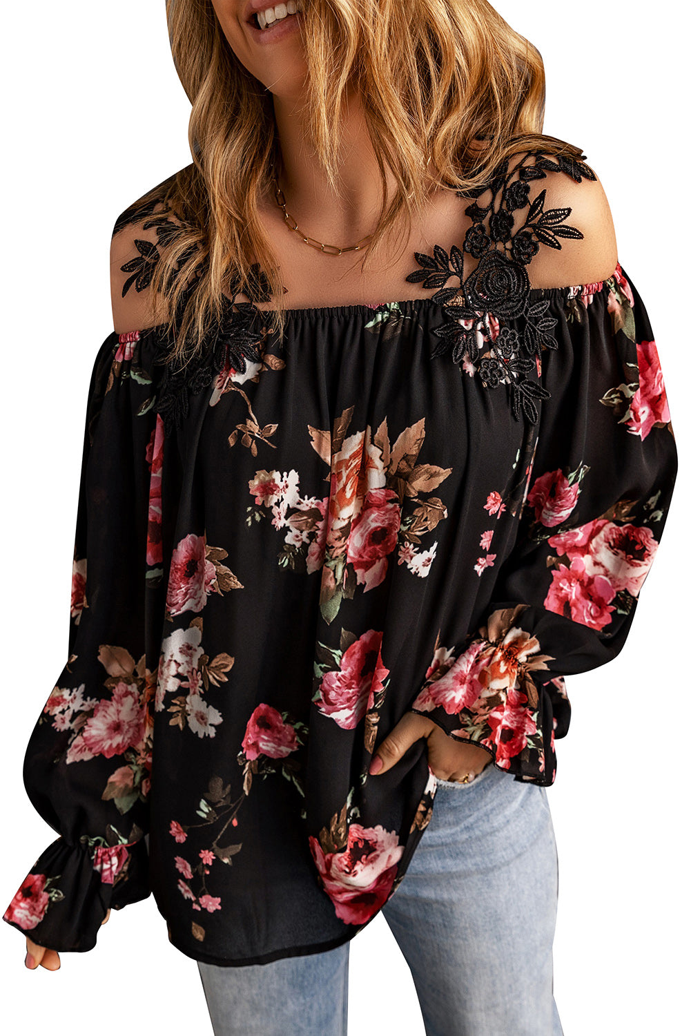 Black Floral Print Lace Patchwork Loose Cold Shoulder Blouse - LA Grand