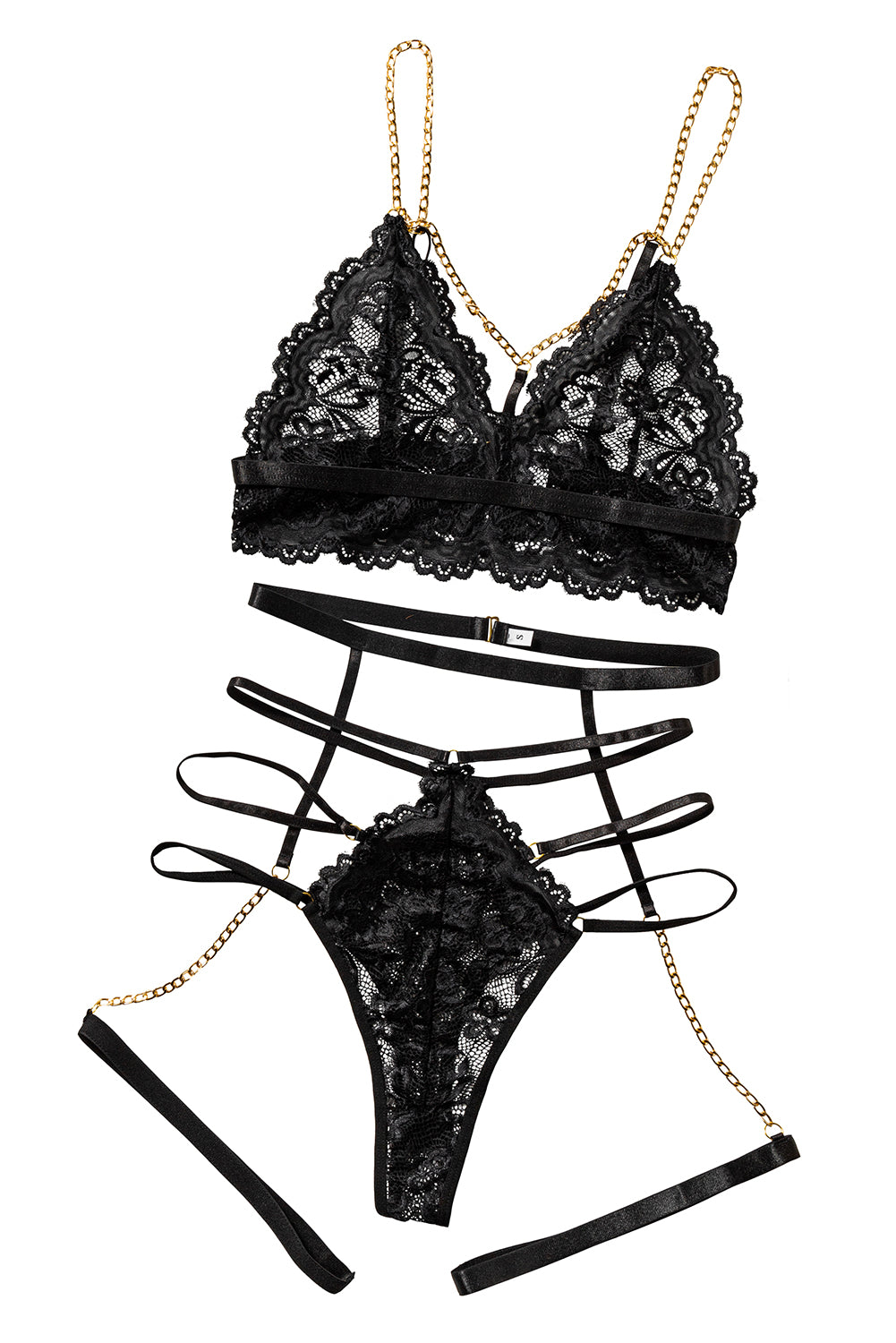 Black 3pcs Gold Chain Decor Lace Strappy Gartered Lingerie Set - LA Grand