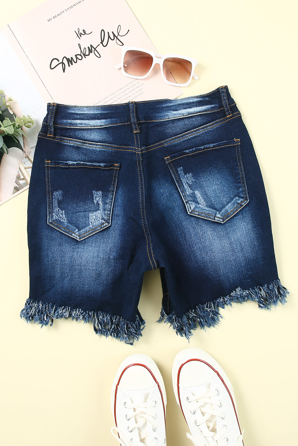 Blue High Waist Distressed Skinny Fit Denim Shorts - LA Grand