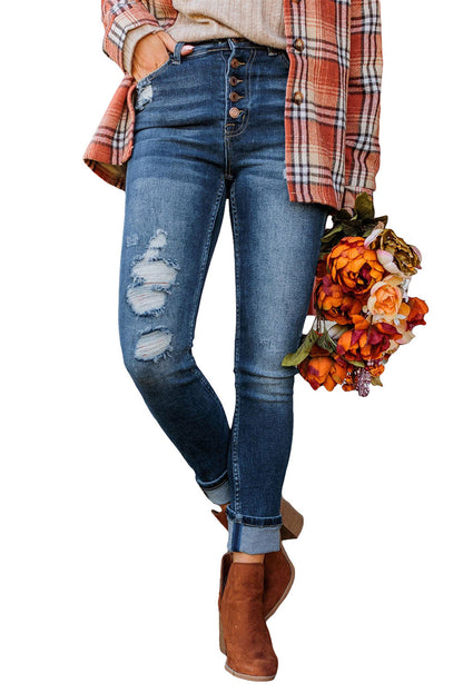 Blue Distressed Button Fly High Waist Skinny Jeans - LA Grand