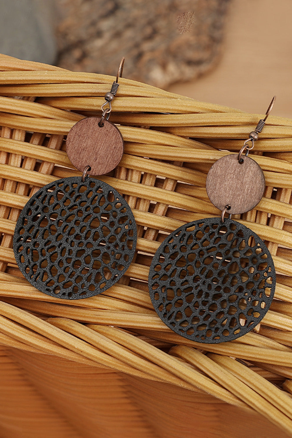 Beige Hollow Out Wooden Round Drop Earrings - LA Grand