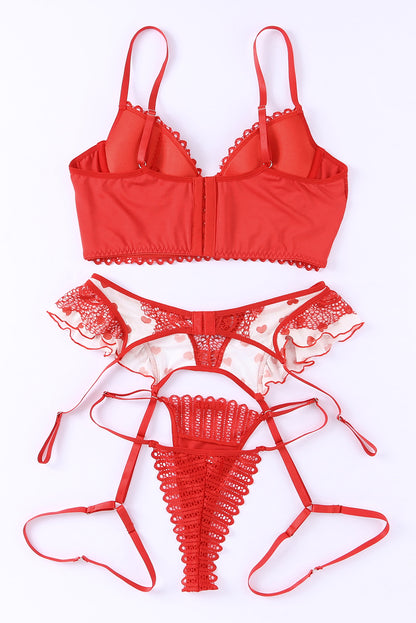 Fiery Red 3pcs Heart Print Mesh Splice Sexy Lingerie Set - LA Grand