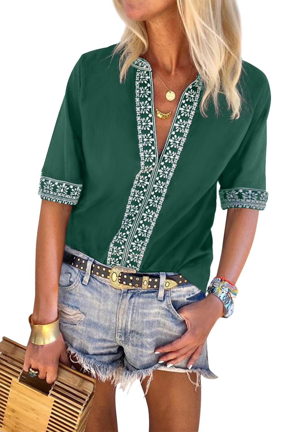 Green Chic Boho V Neckline Half Sleeve Blouse - LA Grand