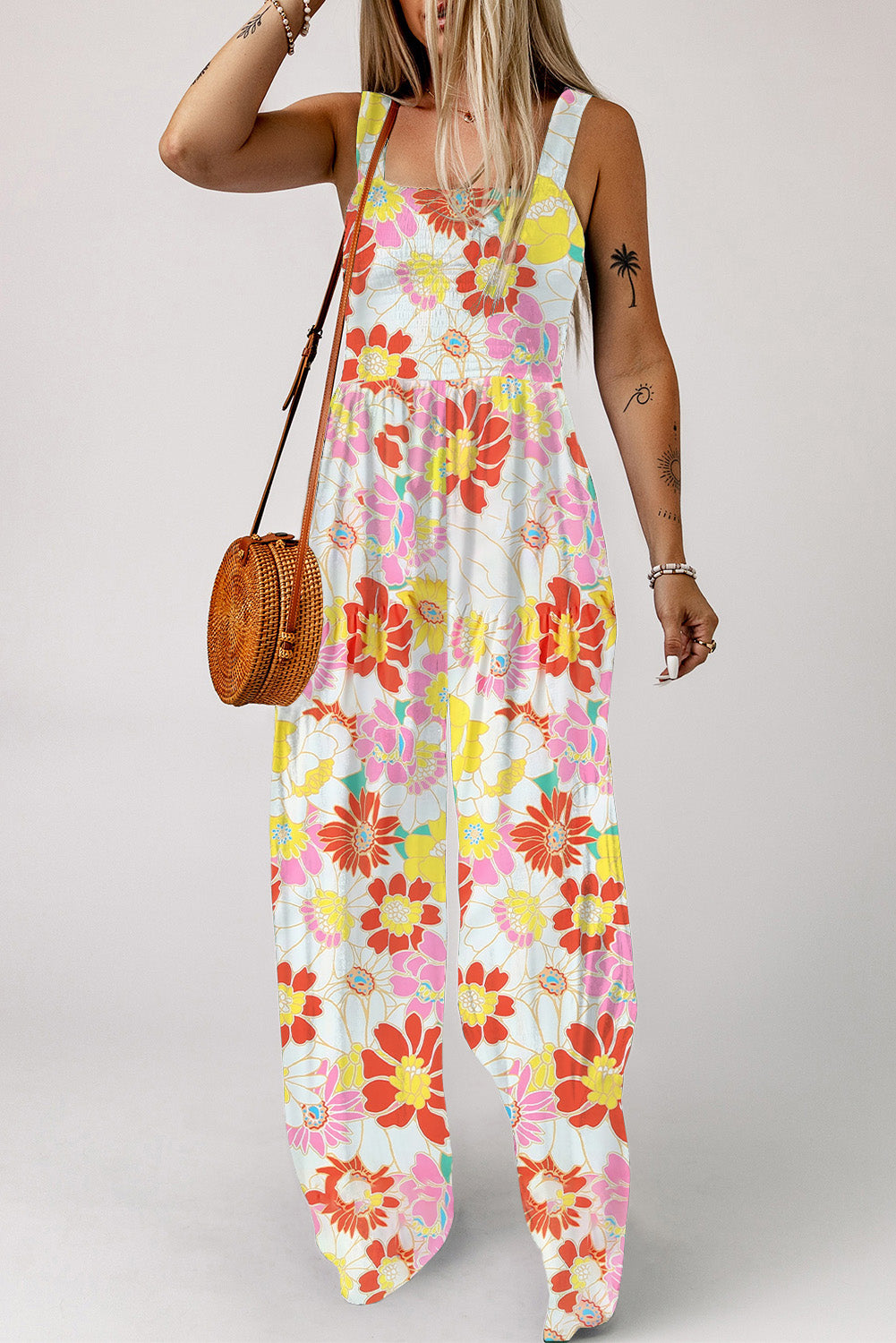 Multicolor Floral Print Shirred Sleeveless Wide Leg Jumpsuit - LA Grand