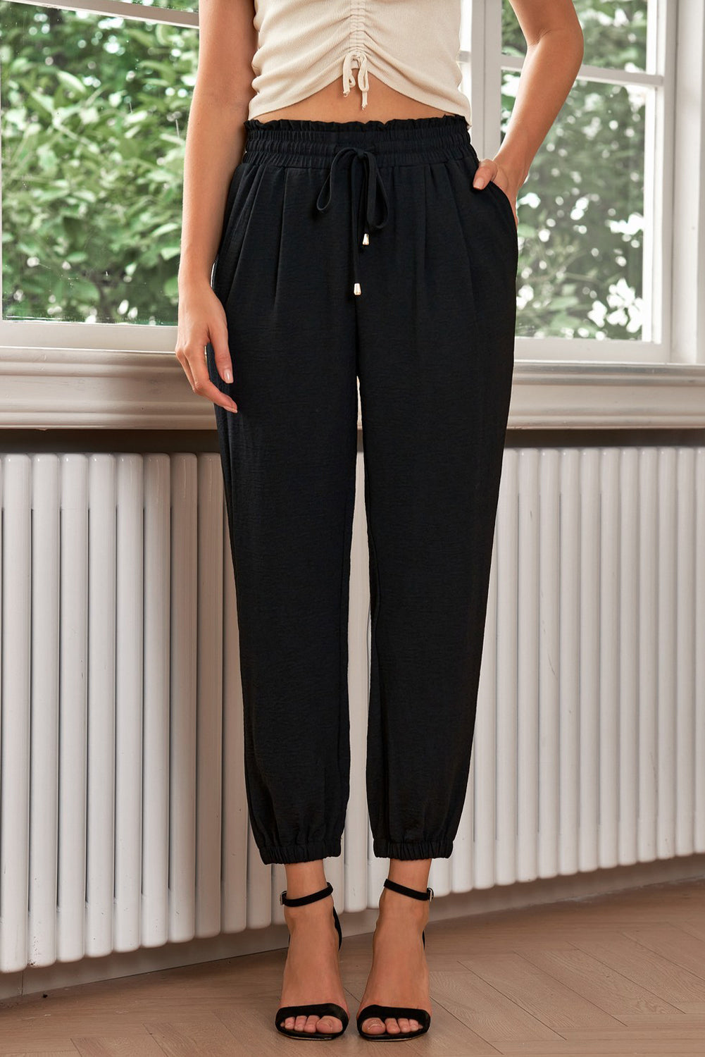 Black Solid Color Drawstring Smocked Waist Joggers - LA Grand