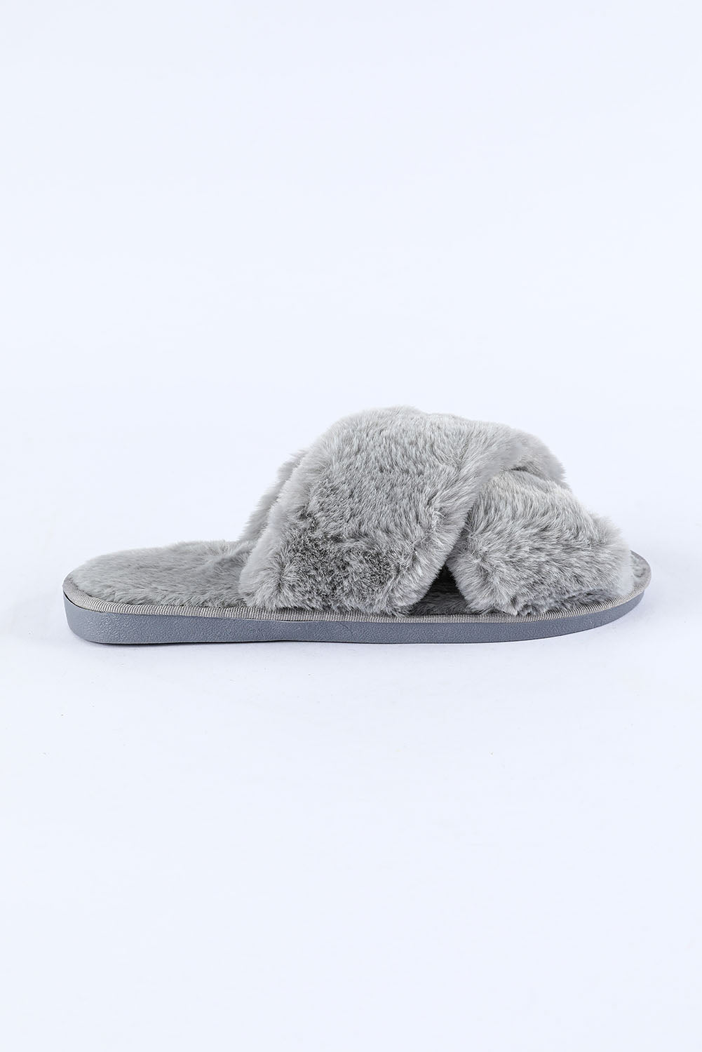 Gray Crossed Straps Winter Furry Slippers - LA Grand