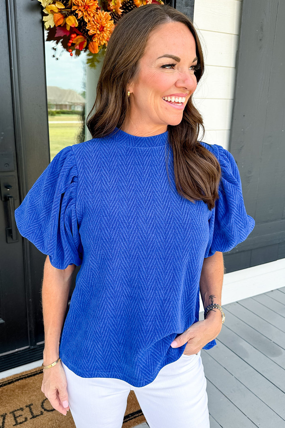 Sky Blue Solid Textured Puff Sleeve Mock Neck Blouse - LA Grand