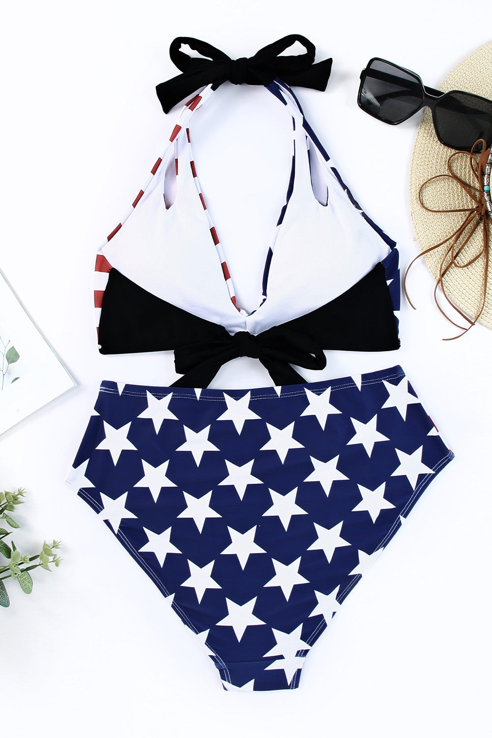 Blue Stars and Stripes Patchwork Flag Pattern Bikini Swimsuit - LA Grand